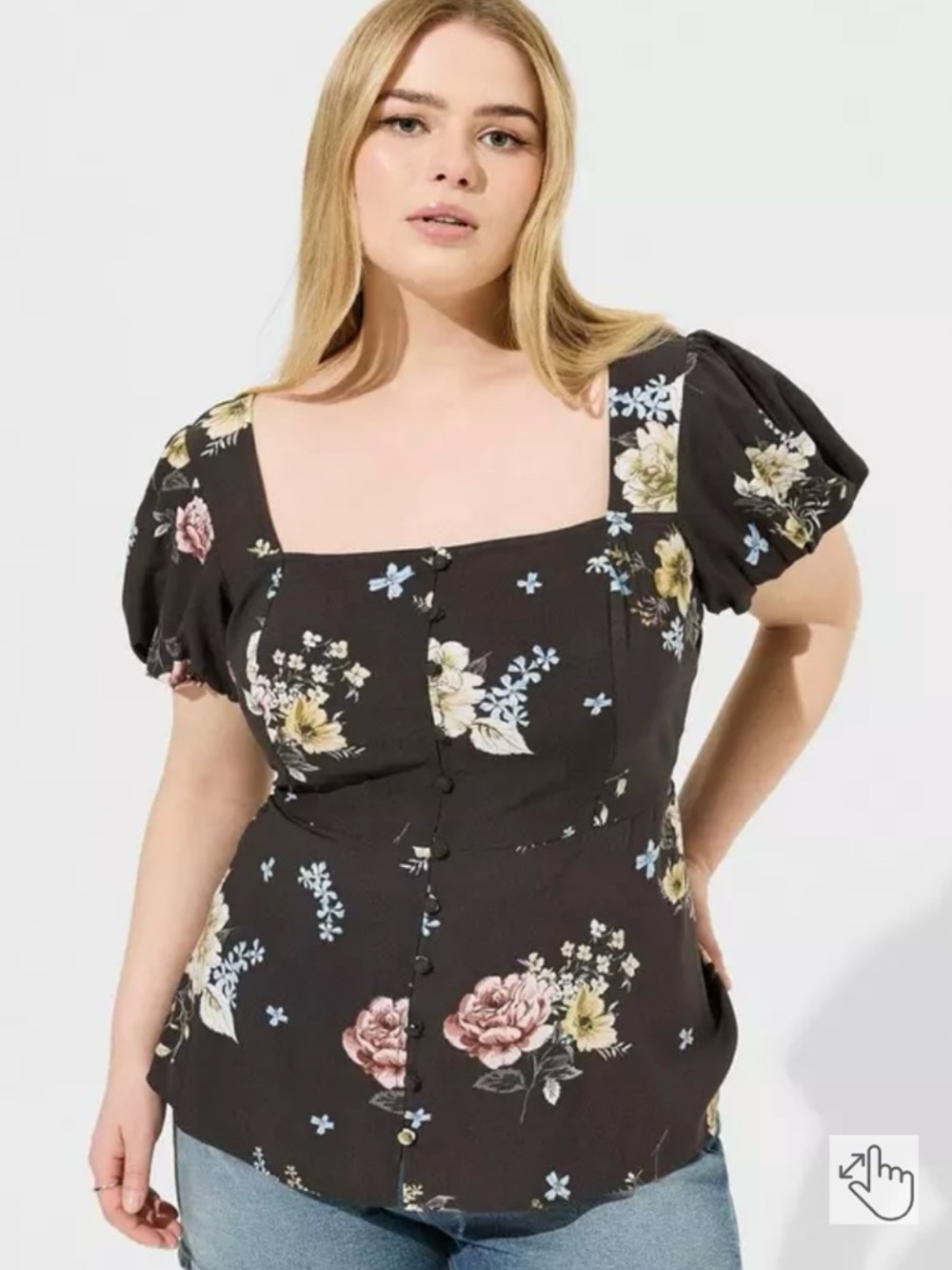 Torrid 00 Peplum Challis Puff Short Sleeve Top - Adrianne Floral - Black